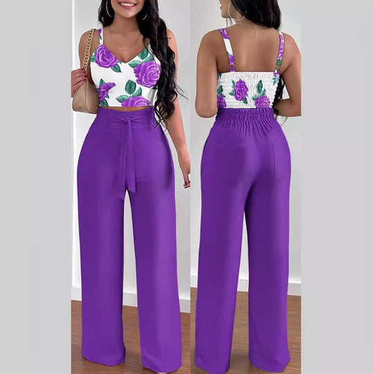 Damen Zweiteiliges Set aus floralem Oberteil und weiten Hosen EB