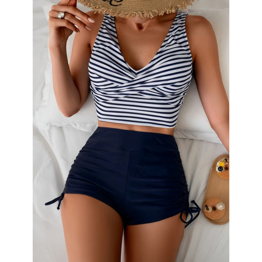 Damen Bikini-Set mit Raffung und trendigem Streifenmuster EB