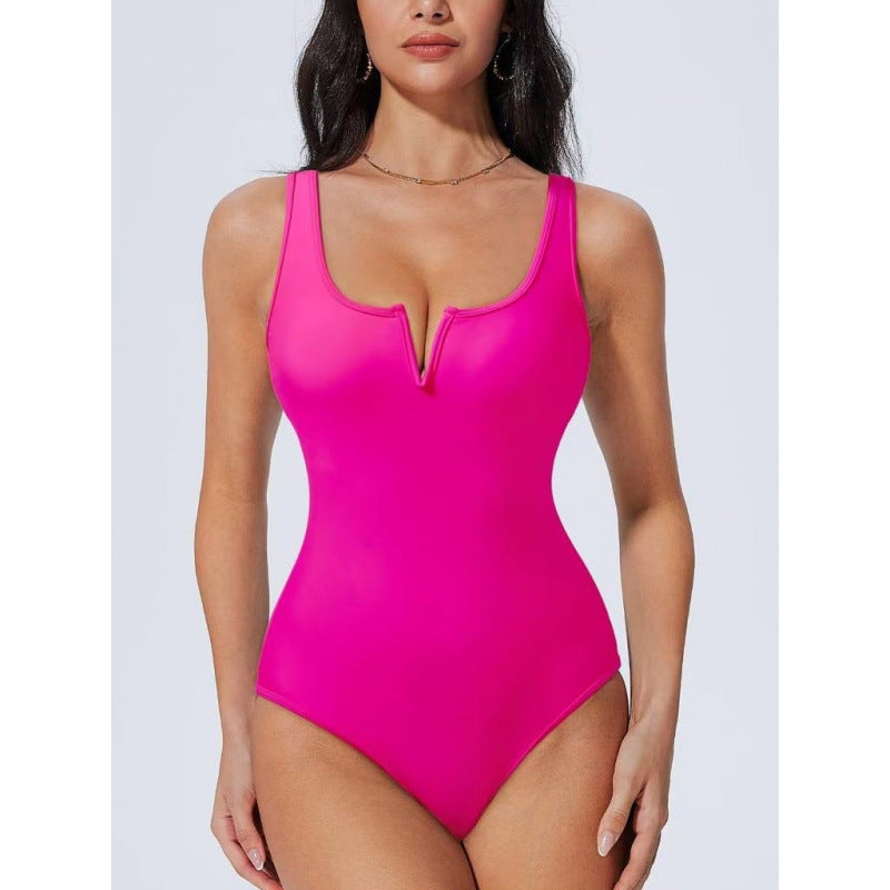 Damen Einteiliger Badeanzug mit tiefem V-Ausschnitt und kontrastierenden Details EB