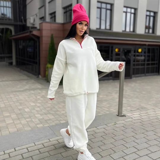 Damen Kuscheliges Fleece-Loungewear-Set mit Halb-Reißverschluss und elastischem Bund EB