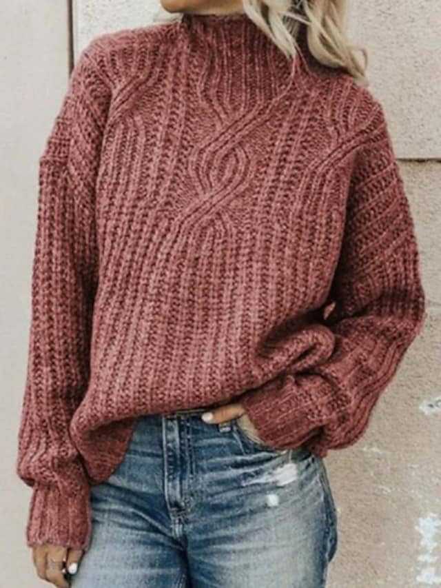 Damen Grober Strickpullover mit hohem Kragen und Zopfmuster EB