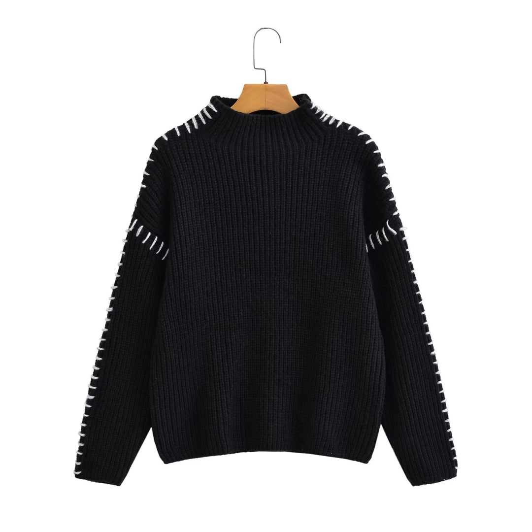 Damen nan Grobstrick-Oversize-Pullover mit hoher Rollkragenkante und Zierstich-Ärmeln EB