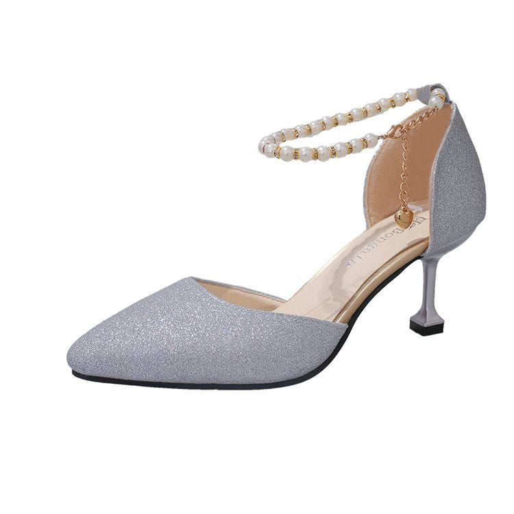 Damen elegante High Heel Schuhe mit zierlichem Perlenriemen EB
