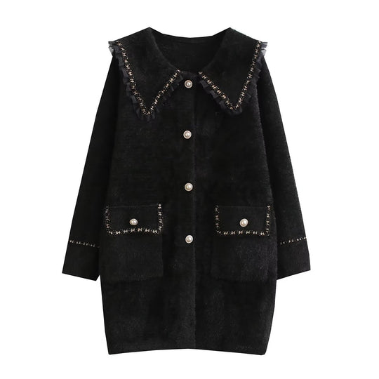 Damen Langarmjacke mit dekorativem Kragen und funktionalen Taschen EB