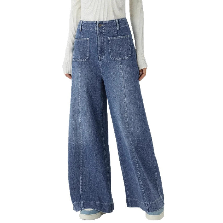 Damen Weitgeschnittene Denim-Hose mit hohen Bund und großen Taschen EB
