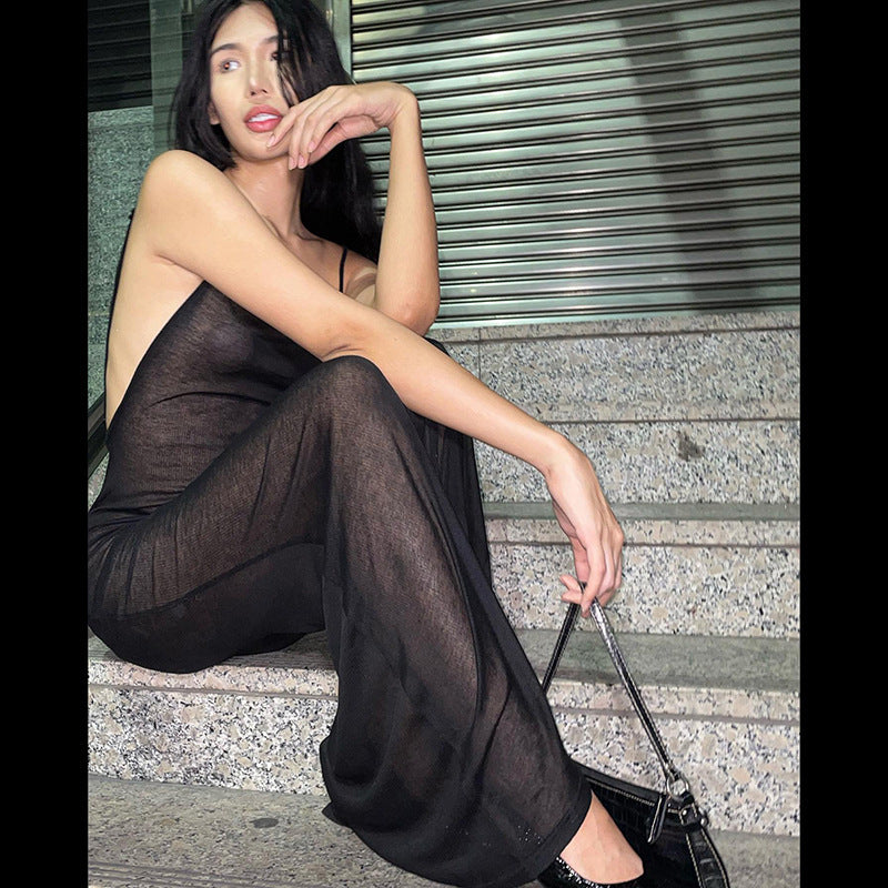 Damen Transparente Mesh-Kleid mit Spaghettiträgern EB