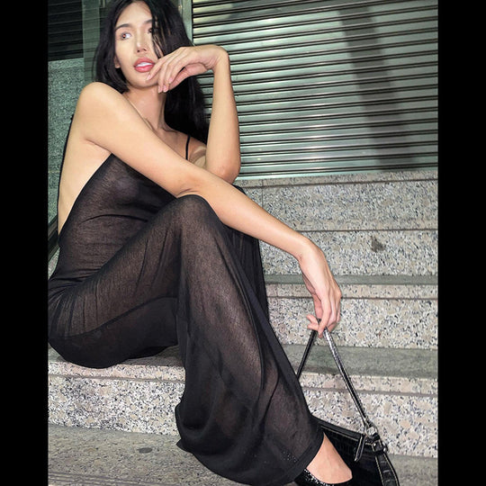 Damen Transparente Mesh-Kleid mit Spaghettiträgern EB