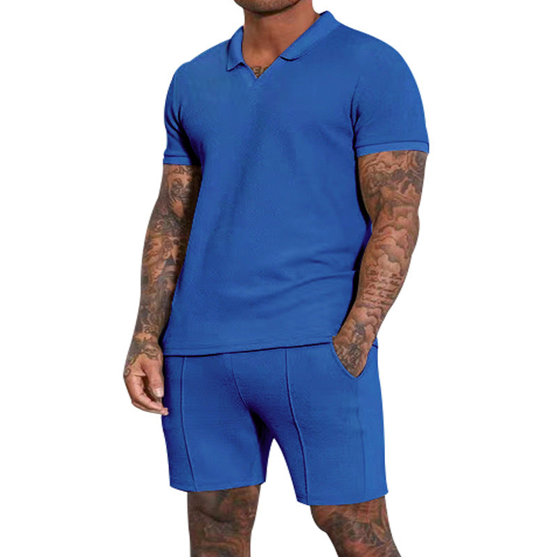 Herren nan kurzärmeliges Halbkragen-Strickset mit feiner Waffelstruktur und gerade geschnittenen Shorts EB