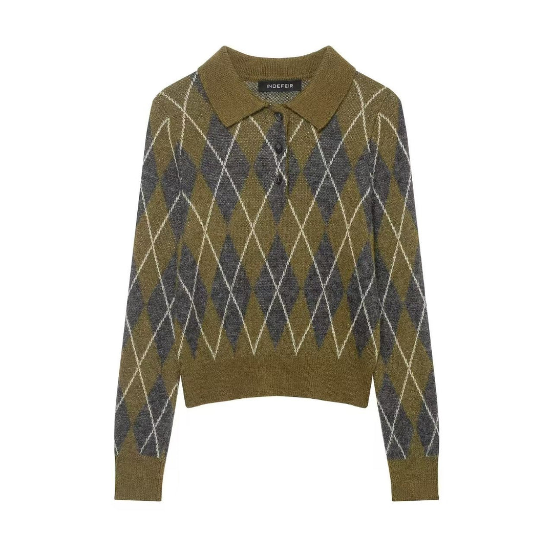 Damen nan Argyle-Polo-Strickpullover mit Cropped-Schnitt, Rippbündchen und Knopfleiste EB