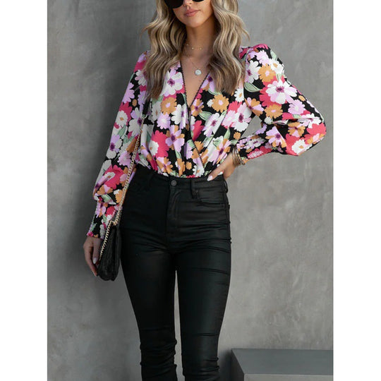 Damen Blumenbluse mit voluminösen Ärmeln EB