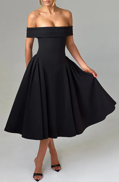 Damen Elegantes Off-Shoulder Midikleid mit ausladenden Falten und Taschen EB