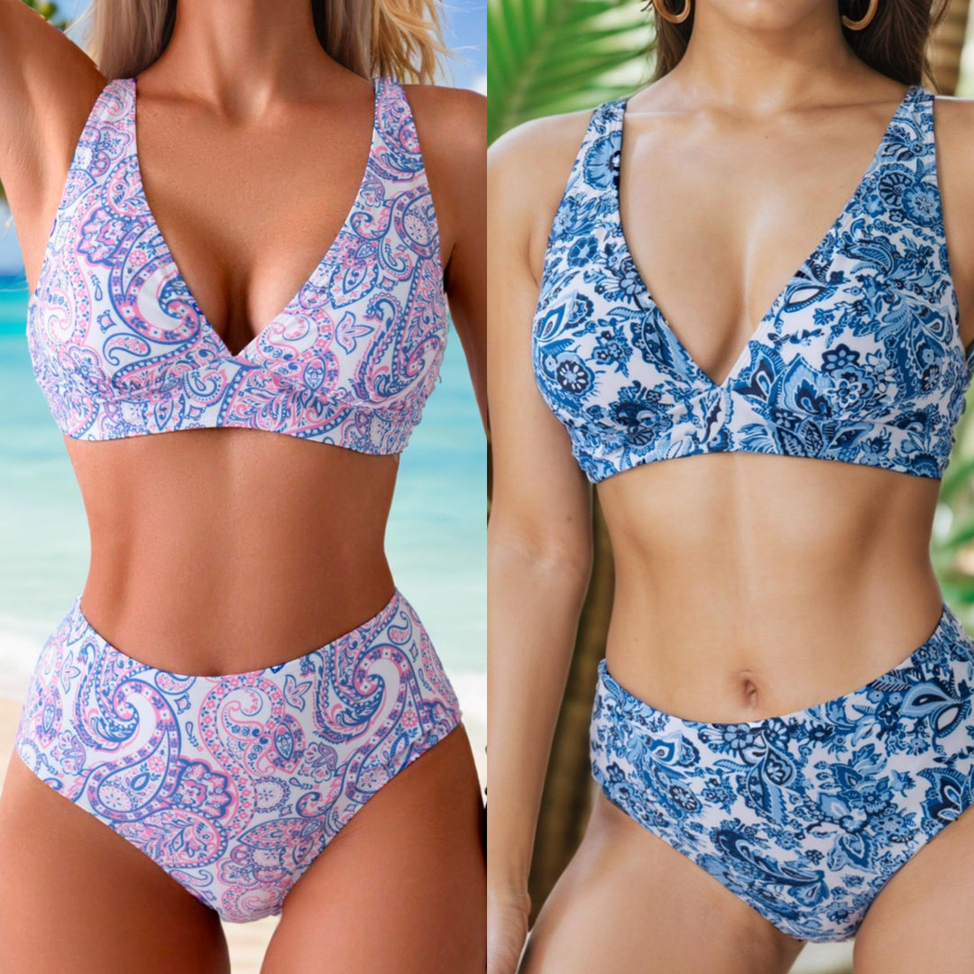 Damen Hochtailliertes Bikini-Set mit modischem Paisleymuster EB
