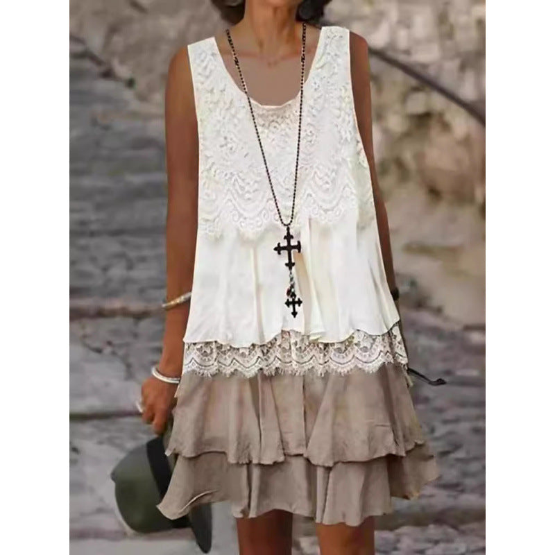 Damen lässiges Strandkleid mit Spitzenverzierung und voluminösem Rüschensaum EB