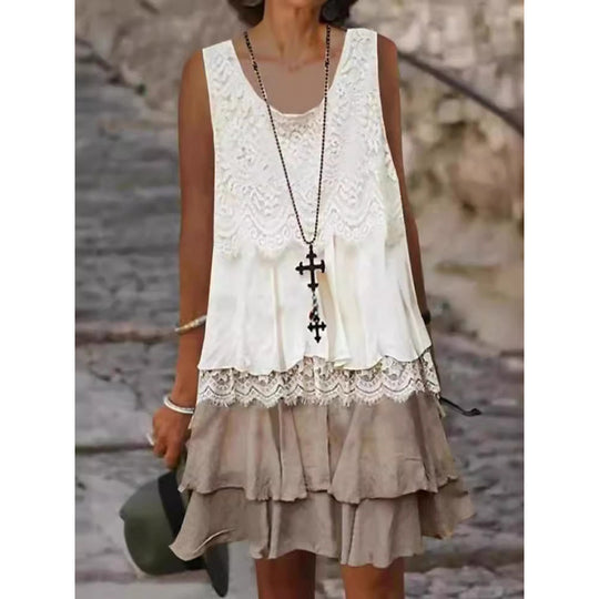 Damen lässiges Strandkleid mit Spitzenverzierung und voluminösem Rüschensaum EB