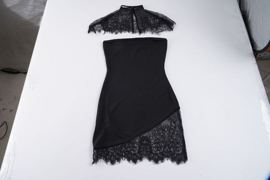 Damen Spitzenkleid mit asymmetrischem Saum und elegantem Kragen EB