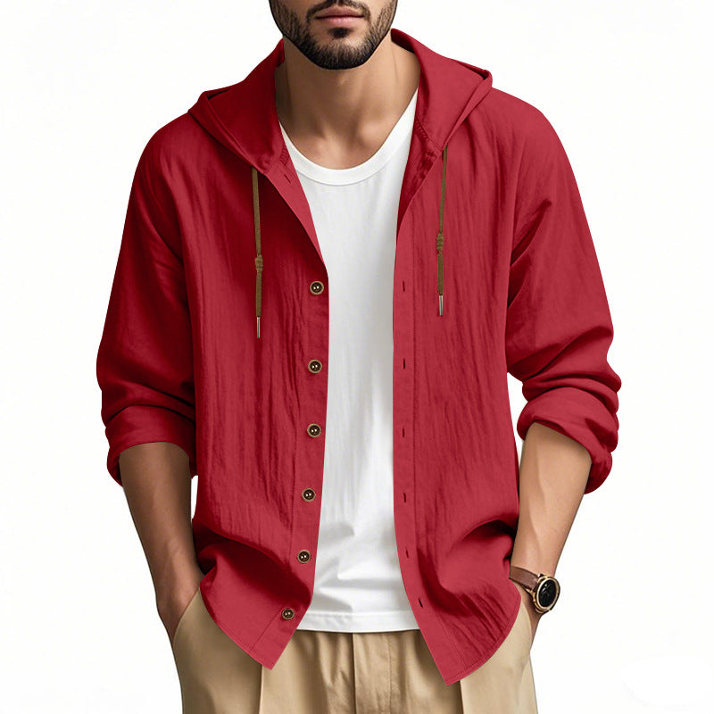 Herren nan leichtes Kapuzenhemdjacke aus Leinenoptik mit durchgehender Knopfleiste EB