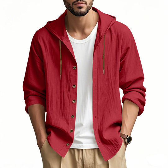 Herren nan leichtes Kapuzenhemdjacke aus Leinenoptik mit durchgehender Knopfleiste EB