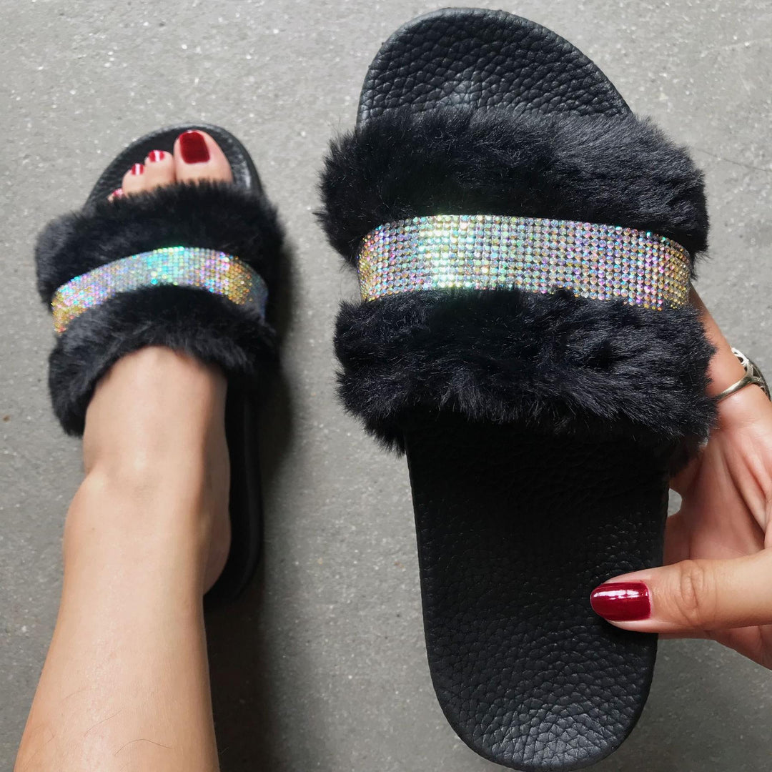 Damen Flauscher Slides mit Strass-Applikation EB