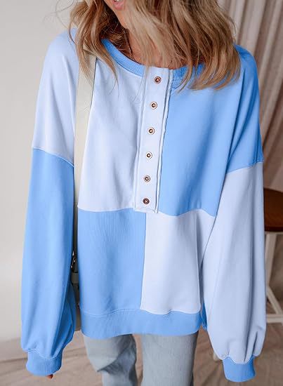 Damen lässiger Kapuzenpullover mit Knopfdetails und Farbblockdesign EB