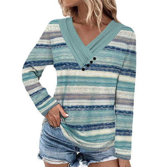 Damen Gerippter V-Ausschnitt Pullover mit Farbverlauf, Zierknöpfen und legerer Passform EB