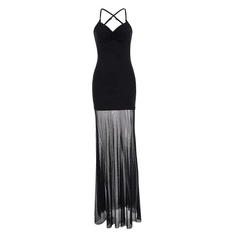 Damen Elegantes Maxikleid mit tiefem Ausschnitt und fließendem Tüllrock EB