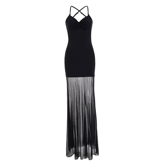 Damen Elegantes Maxikleid mit tiefem Ausschnitt und fließendem Tüllrock EB