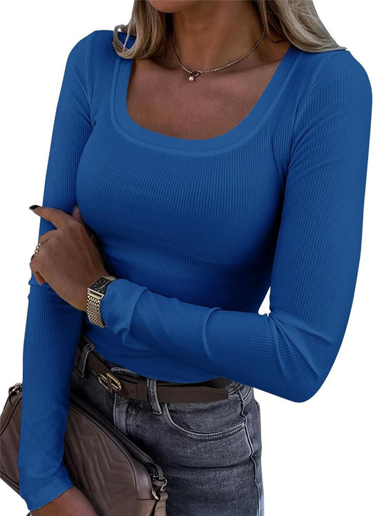 Damen Langarm Ripp-T-Shirt mit elegantem U-Boot-Ausschnitt EB