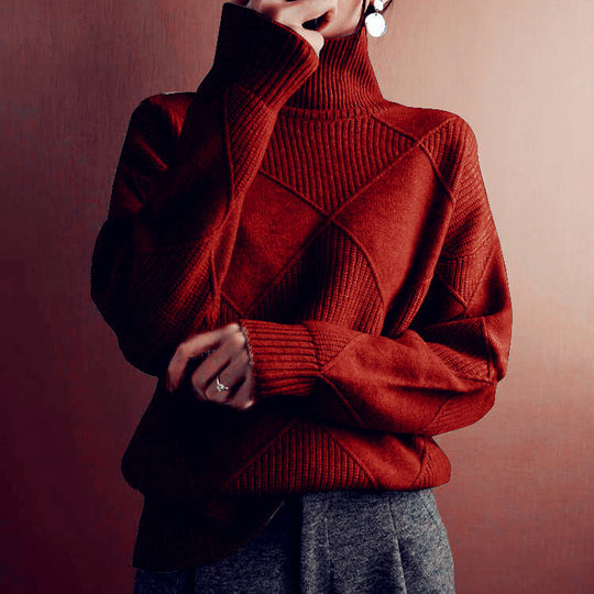 Damen nan weit geschnittener Strickpullover mit hohem Rollkragen und Rautenmuster EB