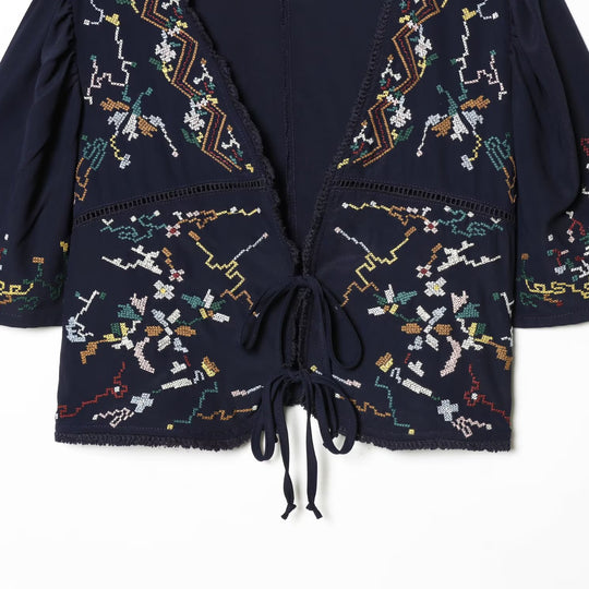 Damen Kurzblusenkimono mit kunstvollem Stickmuster und Taillenschnürung EB