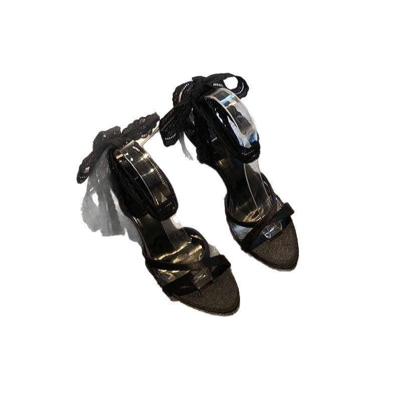 Damen transparente High Heel Sandalen mit Spitzen- und Rüschendetails EB