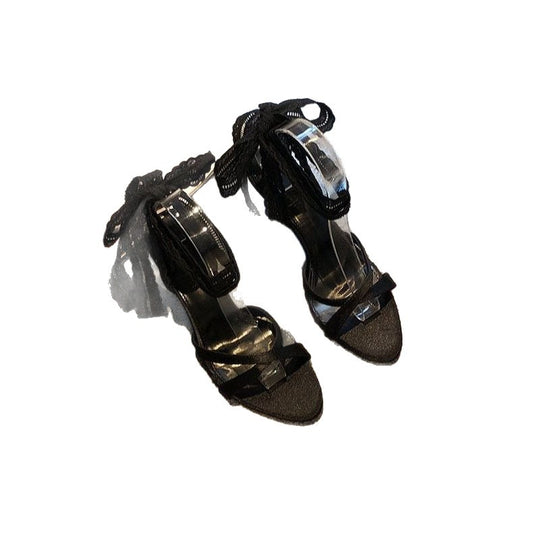 Damen transparente High Heel Sandalen mit Spitzen- und Rüschendetails EB