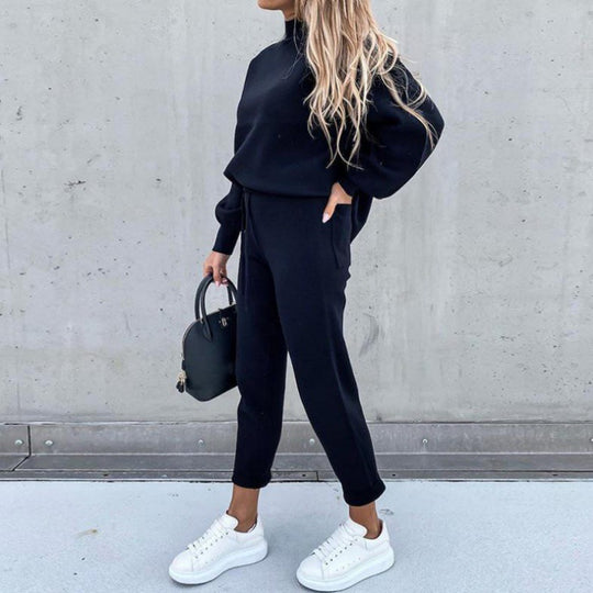 Damen Strick-Loungewear-Set mit Ballonärmeln und taillierter Jogginghose EB