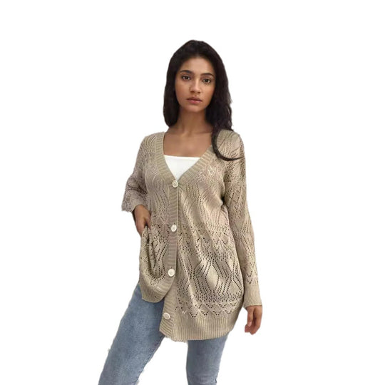 Damen Strickjacke mit luftiger Lochmusterung und schönen Knöpfen EB