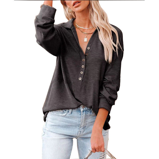 Damen nan lässiges Waffel-Polohemd mit Henley-Knopfleiste und überschnittener Schulter EB