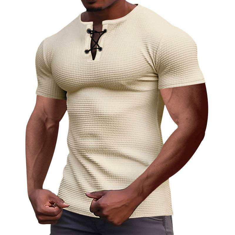 Herren nan Kurzarmshirt mit Schnürkragen, Metallösen und feinem Strukturjersey EB