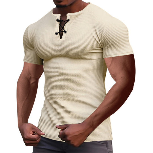 Herren nan Kurzarmshirt mit Schnürkragen, Metallösen und feinem Strukturjersey EB