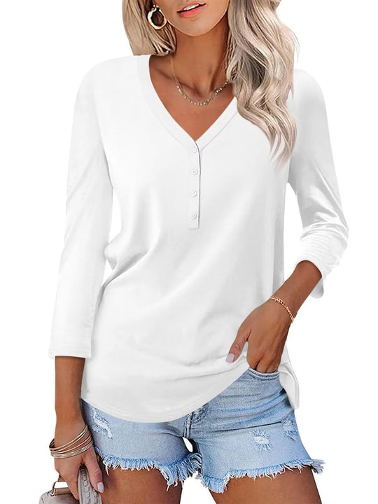 Damen Langarm T-Shirt mit Knopfleiste und V-Ausschnitt EB