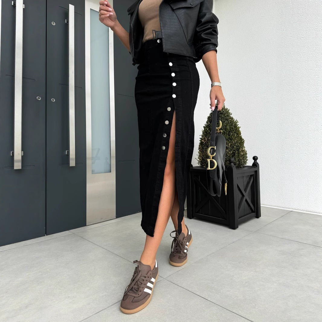 Damen Baumwoll-Denimrock mit Knopfleiste und Schlitz EB