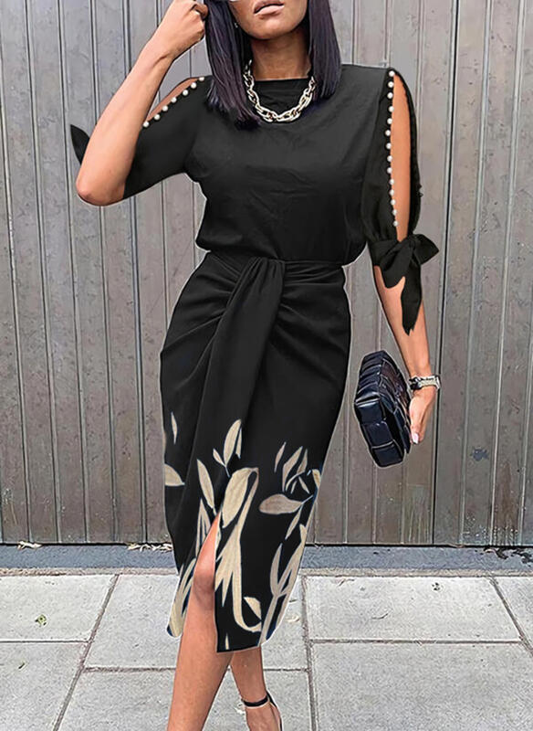 Damen Midikleid mit elegantem Bindegürtel und modischen Cut-Out-Ärmeln EB