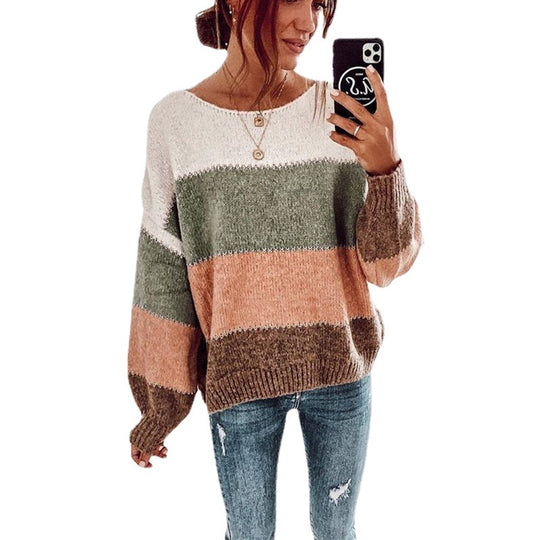 Damen modischer Pullover mit auffälligem Streifenmuster und lässigem Schnitt EB
