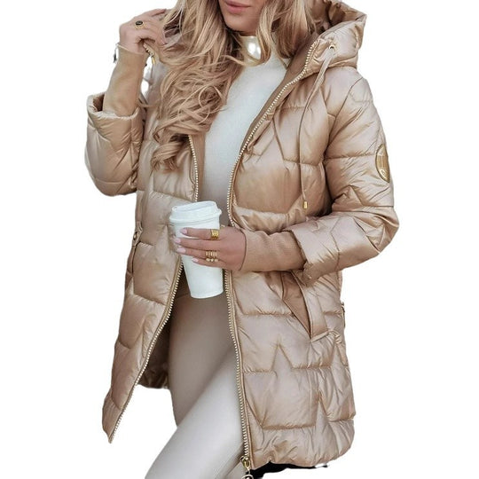 Damen Lange Steppjacke mit Kapuze und praktischen Taschen EB