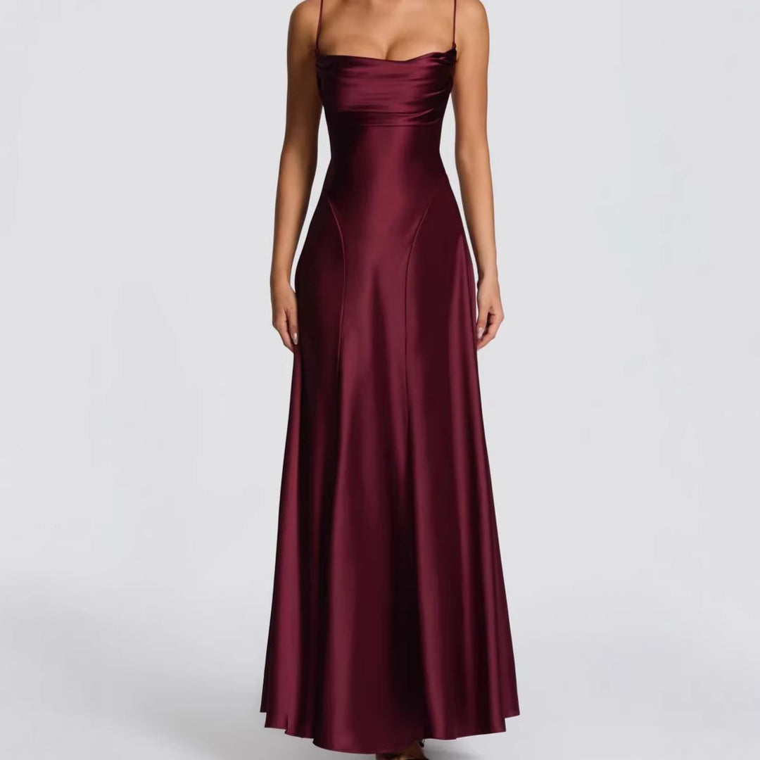 Damen Elegantes Maxi-Kleid mit fließendem Satin und verführerischem Spaghettiträger EB