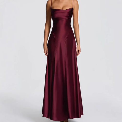Damen Elegantes Maxi-Kleid mit fließendem Satin und verführerischem Spaghettiträger EB