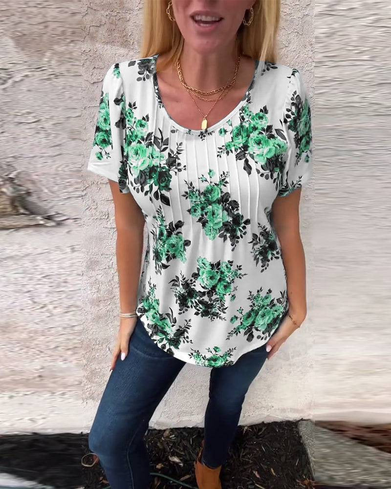 Damen nan Kurzarmbluse mit Kellerfalten, Rundhalsausschnitt und floralem Allover-Print EB