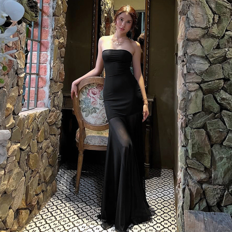 Damen Strapless Maxikleid mit fließendem Rock EB