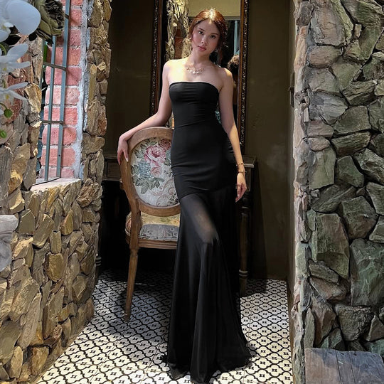 Damen Strapless Maxikleid mit fließendem Rock EB