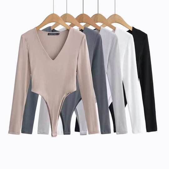 Damen figurbetontes Langarmbodysuit mit tiefem V-Ausschnitt EB