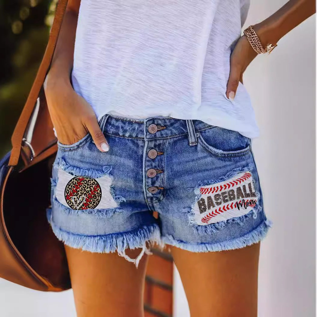 Damen Denim-Shorts mit Vintage-Fransen und patriotischen Applikationen EB