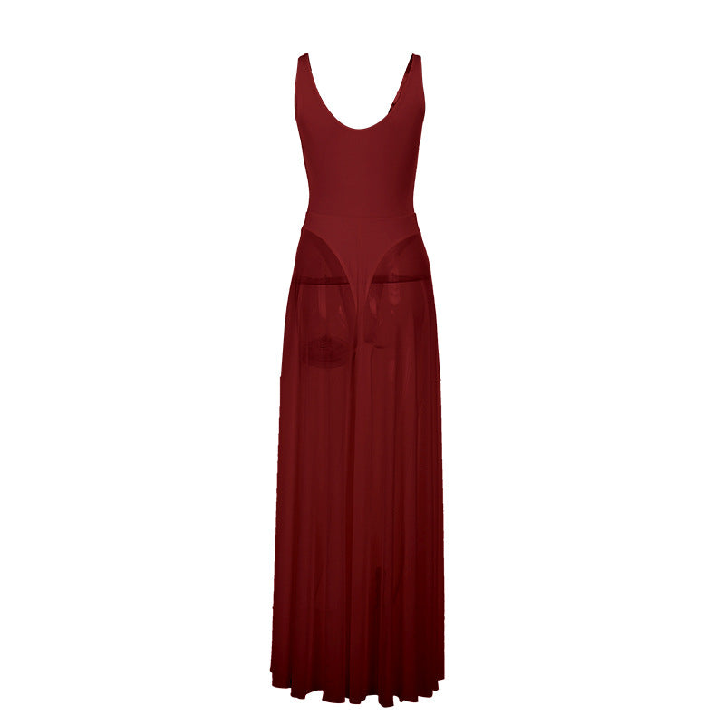 Damen Stilvolles Maxikleid mit transparentem Rock und elegantem V-Ausschnitt EB