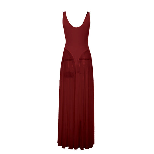Damen Stilvolles Maxikleid mit transparentem Rock und elegantem V-Ausschnitt EB